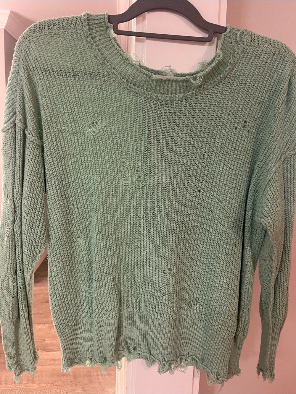 Kori Mint Distressed Knit Crewneck Sweater